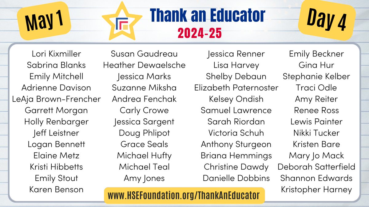 Congrats to these educators on being nominated for the HSEF Educator Honor Roll! The nomination deadline is tomorrow at noon, so don't delay if there is someone you would like to recognize!

hsefoundation.org/thankaneducator