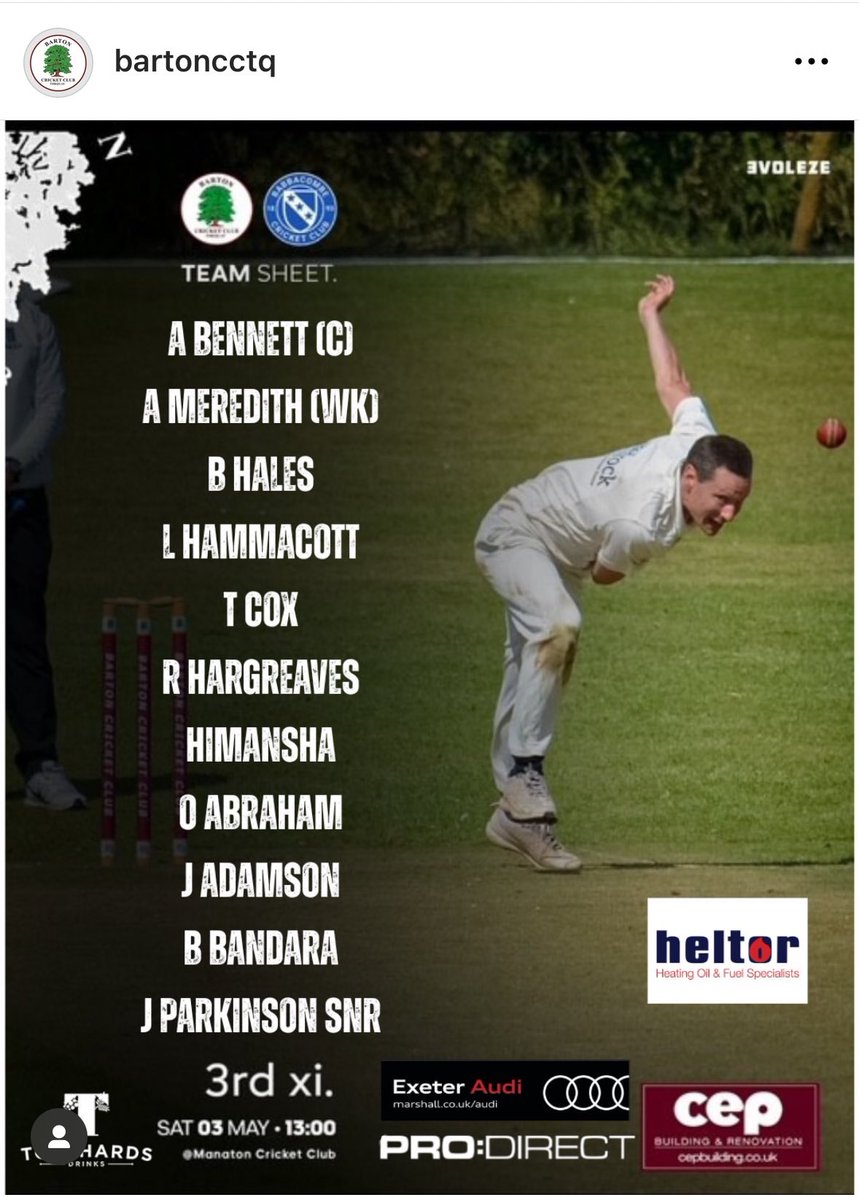Barton Cricket Club (@bartoncricket) on Twitter photo ๐จ TEAM NEWS ๐ฐ ๐ IN!! ๐จ
Itโs that ๐ฐ๏ธ again first game of the season has arrived! The first XI take on <a href="/ThorvertonCC/">Thorverton C.C.</a> at ๐ with new signings Sean Kirk & Craig Eaves set to make their Debuts for the club.
Last Snr leads the 2nd XI away to <a href="/ivybridgecc/">Ivybridge Cricket</a> Morgan Hargreavesโs ๐จ TEAM NEWS ๐ฐ ๐ IN!! ๐จ
Itโs that ๐ฐ๏ธ again first game of the season has arrived! The first XI take on <a href="/ThorvertonCC/">Thorverton C.C.</a> at ๐ with new signings Sean Kirk & Craig Eaves set to make their Debuts for the club.
Last Snr leads the 2nd XI away to <a href="/ivybridgecc/">Ivybridge Cricket</a> Morgan Hargreavesโs