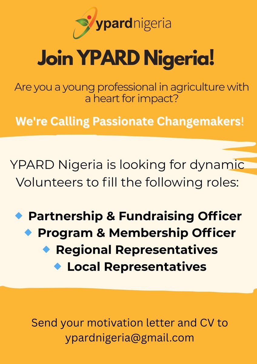 Join Ypard Nigeria
Partnership&amp;fundraising officer
Role description bit.ly/ypardnigeriapa…
Program&amp;Membership officer
Role description bit.ly/ypardnigeriapr…
Regional Rep.
Role description bit.ly/ypardnigeriaRR
Local Rep
Role description bit.ly/YpardnigeriaLR
#Agriculture