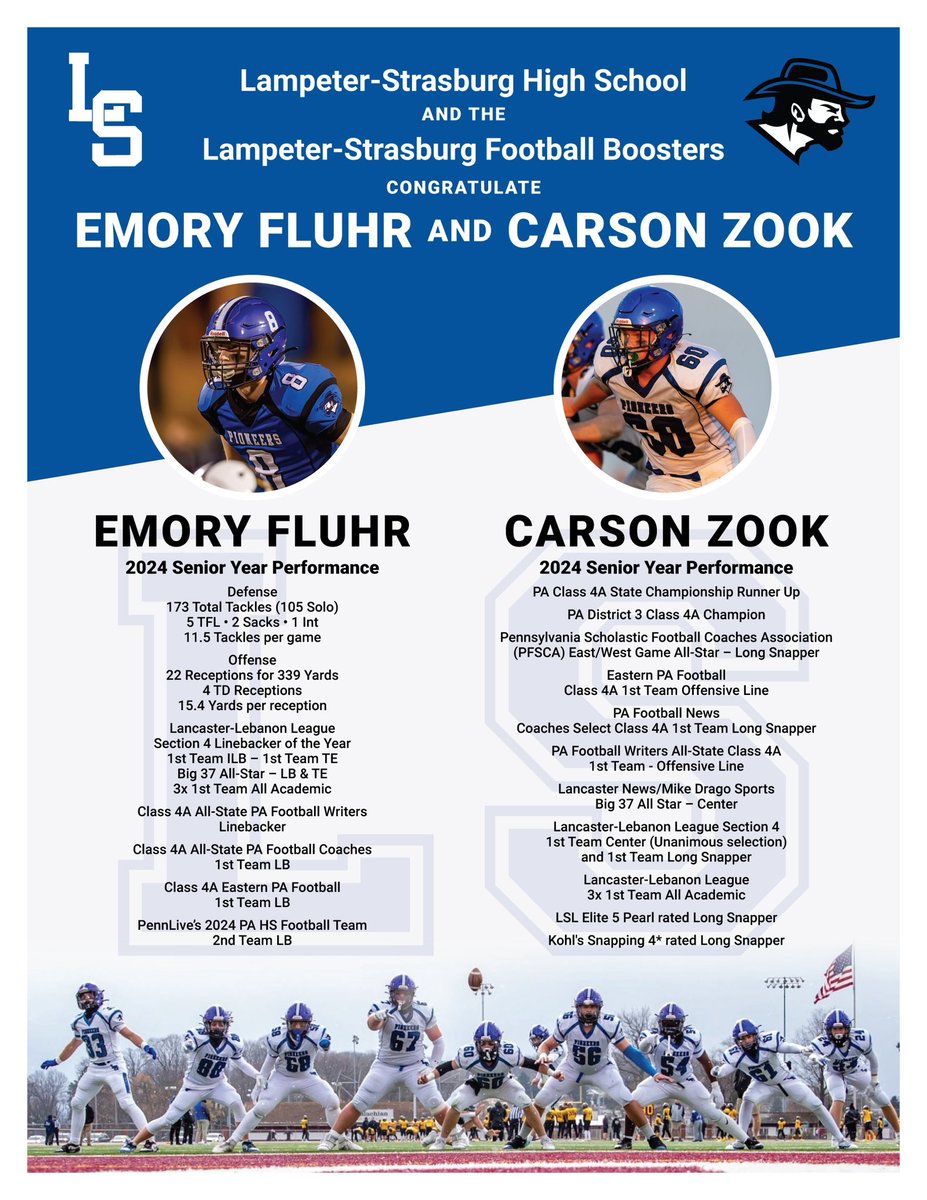 L-S Football (@lsfootball1) on Twitter photo Congratulations to <a href="/emoryfluhr8/">Emory Fluhr</a> and <a href="/carsonzook60/">Carson Zook</a> for being picked to play in the Pennsylvania Scholastic Football Coaches Association (PSFCA) 2025 East/West Large School All-Star Game!! The game is at 5pm on Sunday, May 18, 2025, at Cumberland Valley HS Chapman Field. Congratulations to <a href="/emoryfluhr8/">Emory Fluhr</a> and <a href="/carsonzook60/">Carson Zook</a> for being picked to play in the Pennsylvania Scholastic Football Coaches Association (PSFCA) 2025 East/West Large School All-Star Game!! The game is at 5pm on Sunday, May 18, 2025, at Cumberland Valley HS Chapman Field.