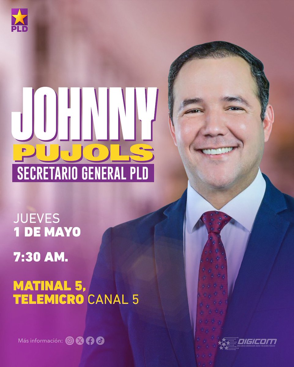 DIGICOMPLD's tweet photo. Ponte el café, prende el televisor y sintoniza a @JohnnyPujols a las 7:30 a.m. por @Matinal5, Telemicro.

La voz del PLD va al aire… con firmeza y claridad. ✊

#JohnnyPujols
#DIGICOMPLD ⭐️ https://t.co/x7lGywhPcW