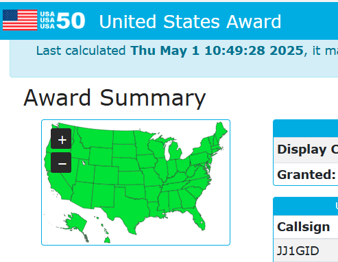jj1gid's tweet photo. QRZ AwardのUSA50も達成、マップも全て緑色になりました👍
なかなかDelaware州及びVermont州局とのQSOが出来ずでしたが、今春にようやく達成出来、嬉しいですね🤗 https://t.co/CYIYutUD75
