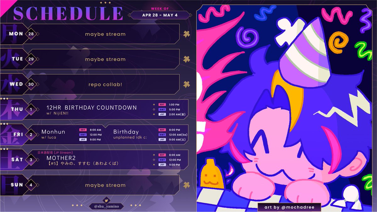 shu_yamino's tweet photo. 👟schedule☯️

birthday! #YaminoBirthday2025

Hashtags 👟 
General - #ShuYamino 
Live Tag - #Yaminow 
Art - #YaminoArt 
Memes - #ShuNanigans 
Clips - #ShuClip #ShuClipEN #ShuClipJP 
Thumbnails: #Shumbnail https://t.co/o0x6uoRhFf