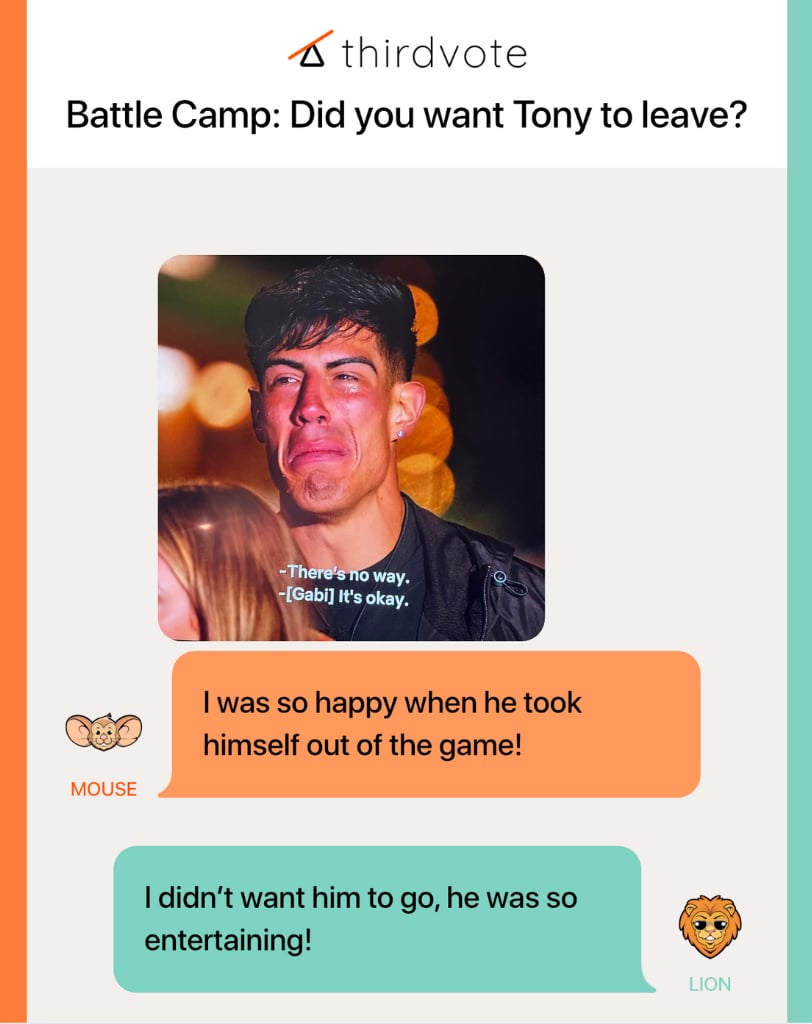 Thirdvote's tweet image. Battle Camp: Did you want Troy to leave? 

Join the debate 👇 
thirdvote-prod.web.app/cases/2ac77c40…

#BattleCamp #battlecampnetflix #Netflix #netflixtv #netflixshow #realitytv #realityshow