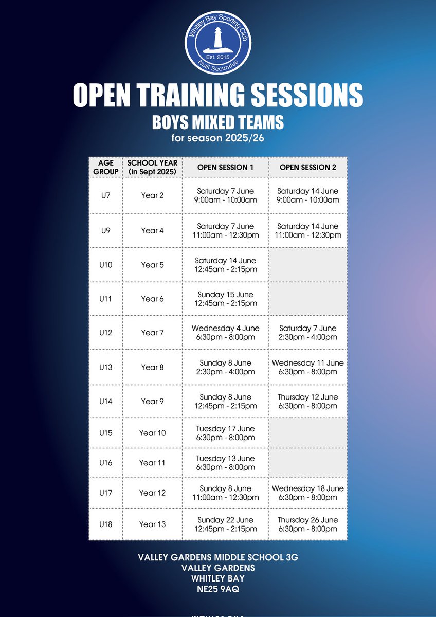 Open Sessions for next seasons boys/mixed teams.