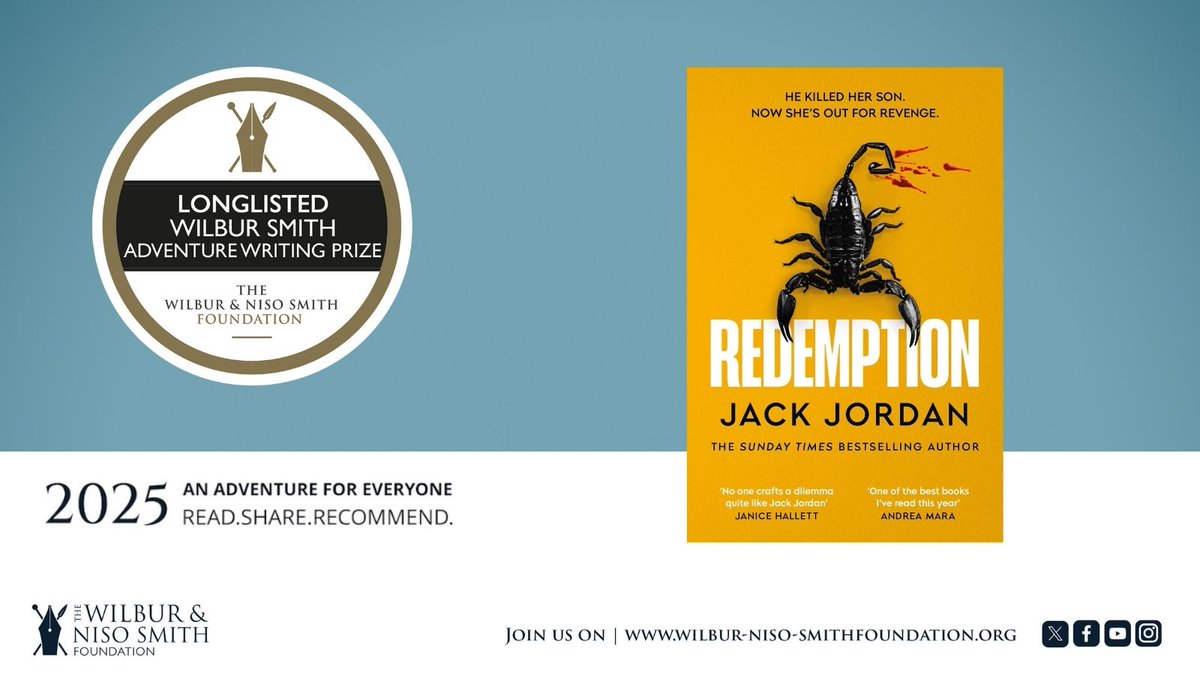 Wilbur&NisoSmithFdn (@wilbur_niso_fdn) on Twitter photo Jack Jordan’s compelling novel #Redemption has been longlisted for the 2025 Adventure Writing Prize! A road trip of reckoning, full of moral complexity and emotional punch. Huge congratulations!
#AdventureWritingPrize
Find out more: bit.ly/4jWDK6z
<a href="/JackJordanBooks/">Jack Jordan</a> Jack Jordan’s compelling novel #Redemption has been longlisted for the 2025 Adventure Writing Prize! A road trip of reckoning, full of moral complexity and emotional punch. Huge congratulations!
#AdventureWritingPrize
Find out more: bit.ly/4jWDK6z
<a href="/JackJordanBooks/">Jack Jordan</a>