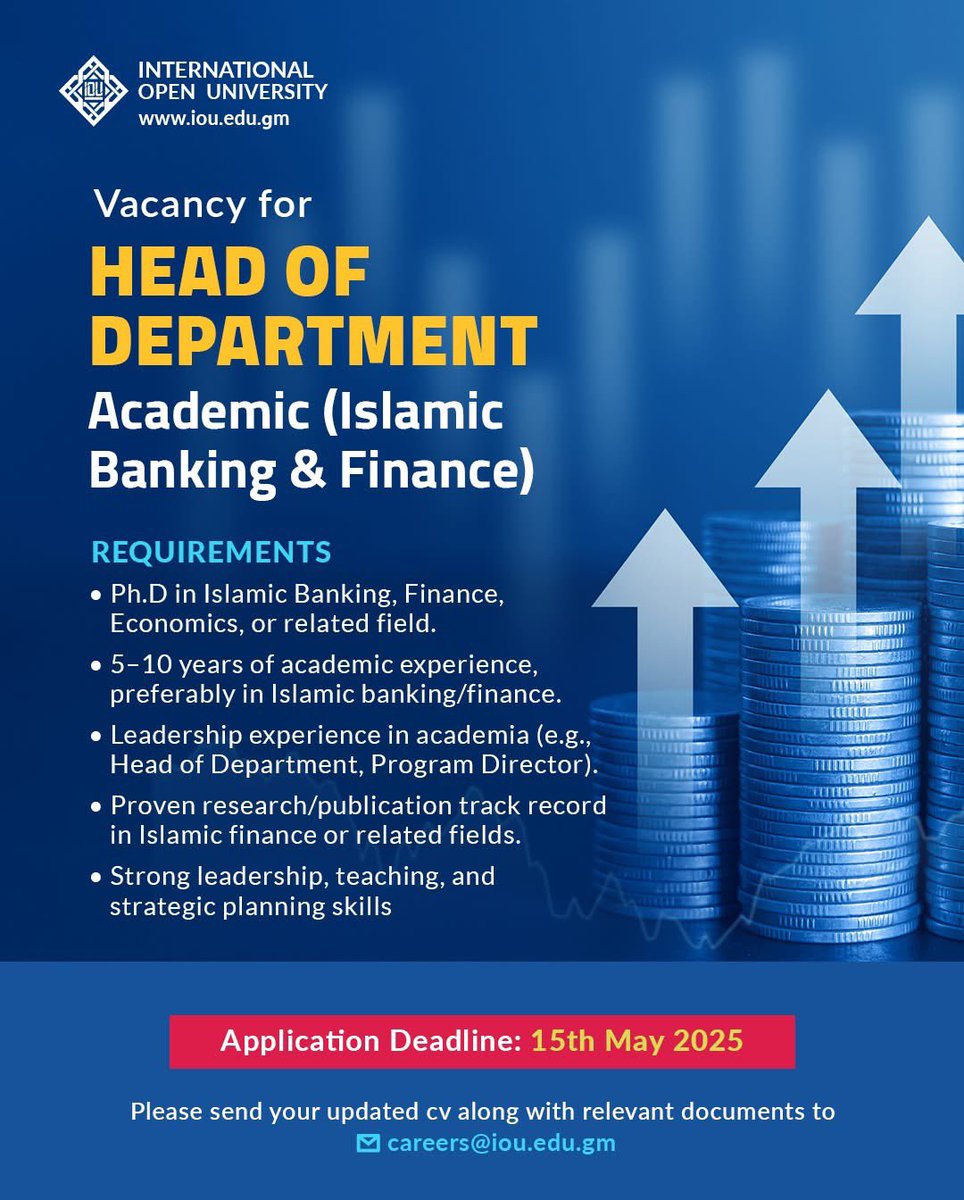IOU_Alumni's tweet photo. Job Opening: 

Academic Leader in Islamic Banking &amp; Finance
We're hiring!

Apply by: 15 May 2025

Join us and shape the future of Islamic Finance education!

careers@iou.edu.gm https://t.co/0rd2qmMnnK