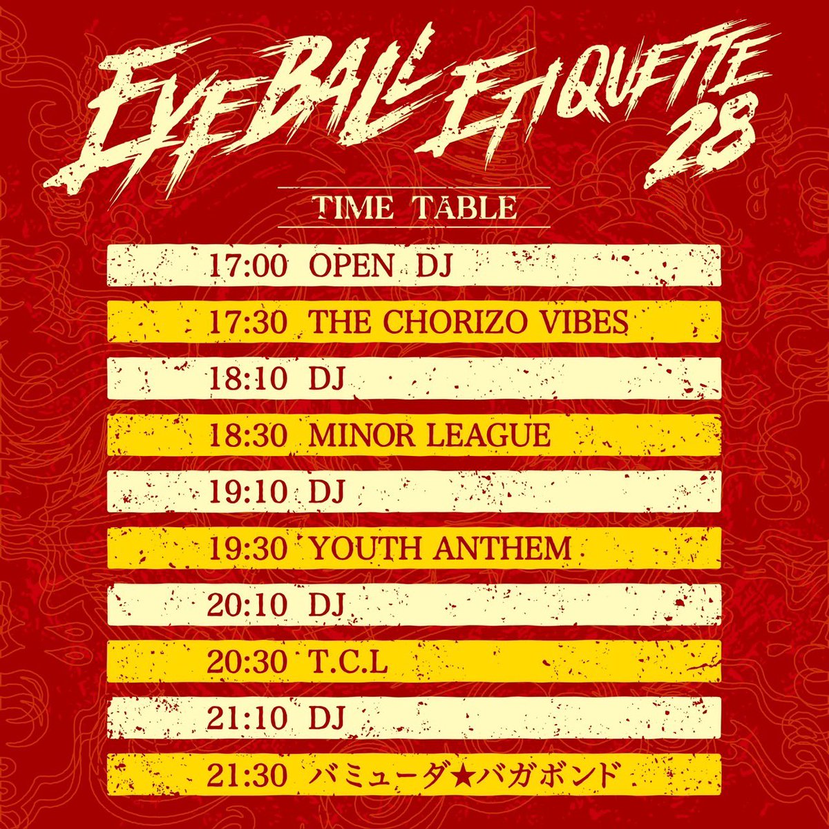 bermuda_v_band's tweet image. 🎉 タイムテーブル公開 🎉

アイボールエチケットvol.28
5/31（土）大阪アメリカ村BEYOND

全バンド持ち時間40分‼️
OPEN時間からDJあり‼️
美味しいフードあり‼️

喉カラカラにお腹も空かせてお越しください😋🍻
最初から最後まで濃く楽しい空間になる事間違いなし♡
チケット予約も宜しくです！