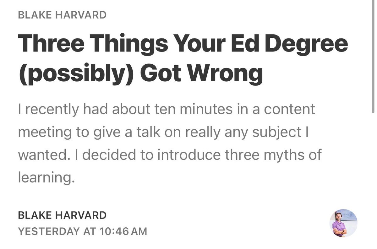 Karen Vaites (@karenvaites) on Twitter photo Paired text:
<a href="/effortfuleduktr/">Blake Harvard</a>’s new piece about the myths about learning that are commonly taught in teacher preparation programs.
<facepalm>
<a href="/HeatherPeske/">Heather Peske</a> <a href="/NCTQ/">NCTQ</a>
open.substack.com/pub/effortfule… Paired text:
<a href="/effortfuleduktr/">Blake Harvard</a>’s new piece about the myths about learning that are commonly taught in teacher preparation programs.
<facepalm>
<a href="/HeatherPeske/">Heather Peske</a> <a href="/NCTQ/">NCTQ</a>
open.substack.com/pub/effortfule…