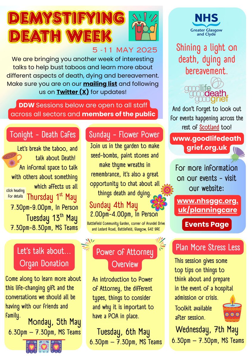 NHSGGC Carers (@nhsggccarers) on Twitter photo Don't Forget! Demystifying Death Week is almost here! 5-11th May - a national week aimed to shine a light on death & dying.
Visit our events page for more info π nhsggc.scot/your-health/plβ¦
<a href="/dixon_south/">Glasgow South Carers Centre</a> <a href="/Rcarers/">Renfrewshire Carers Centre</a> <a href="/CarersLinkED/">CarersLinkED</a> @CarersofWestDun <a href="/ERCCentre/">East Renfrewshire Carers Centre</a> <a href="/quarriers/">Quarriers</a> <a href="/gamhcarercentre/">GAMH North East Carers Service</a> Don't Forget! Demystifying Death Week is almost here! 5-11th May - a national week aimed to shine a light on death & dying.
Visit our events page for more info π nhsggc.scot/your-health/plβ¦
<a href="/dixon_south/">Glasgow South Carers Centre</a> <a href="/Rcarers/">Renfrewshire Carers Centre</a> <a href="/CarersLinkED/">CarersLinkED</a> @CarersofWestDun <a href="/ERCCentre/">East Renfrewshire Carers Centre</a> <a href="/quarriers/">Quarriers</a> <a href="/gamhcarercentre/">GAMH North East Carers Service</a>
