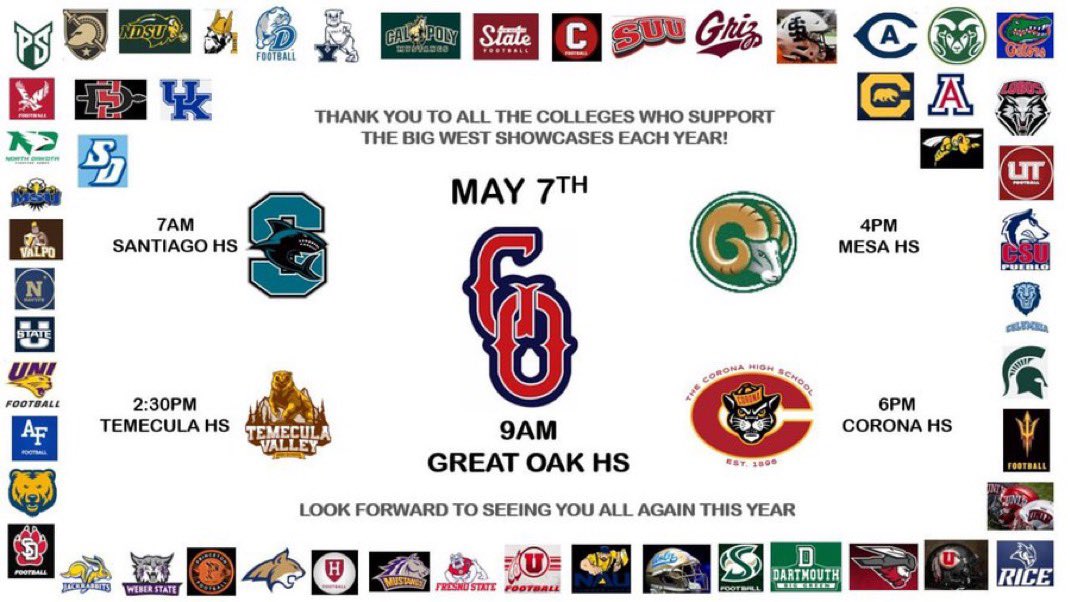 Great Oak Football (@gohs_wolfpackfb) on Twitter photo ‼️COLLEGE COACHES‼️
Wolfpack Football College Showcase on Wednesday May 7th at 9am!!!
Come out and check out student-athletes from 5 programs in one day!
32555 Deer Hollow Way
Temecula 92592
For more info: email rsmith1@tvusd.us or hramirez@tvusd.us ‼️COLLEGE COACHES‼️
Wolfpack Football College Showcase on Wednesday May 7th at 9am!!!
Come out and check out student-athletes from 5 programs in one day!
32555 Deer Hollow Way
Temecula 92592
For more info: email rsmith1@tvusd.us or hramirez@tvusd.us