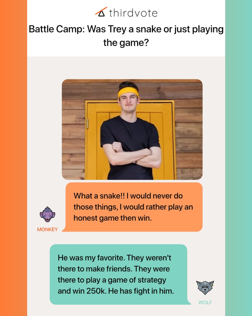 Thirdvote's tweet image. Battle Camp: Was Trey a snake or just playing the game? 

Join the debate 👇 
thirdvote-prod.web.app/cases/7f67e780…

#BattleCamp #battlecampnetflix #realitytv #realityshow #Netflix