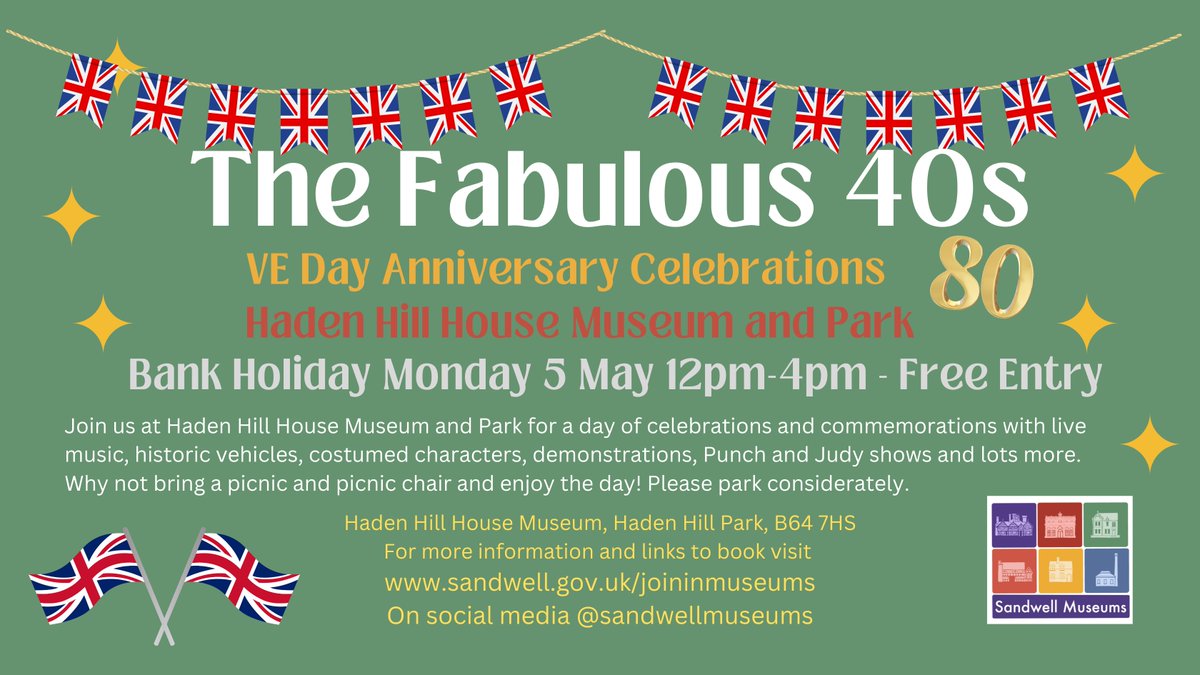 Sandwell Council (@sandwellcouncil) on Twitter photo 🇬🇧 Join us and <a href="/SandwellMuseums/">Sandwell Museums</a> for our annual Fabulous 40s event as we also commemorate 80 years since #VEDay
📍 Monday 5 May 12pm-4pm
🎟️ Admission is free, why not come dressed up, bring a picnic and a blanket & stay all day?
Please park considerately #CelebrateSandwell 🇬🇧 Join us and <a href="/SandwellMuseums/">Sandwell Museums</a> for our annual Fabulous 40s event as we also commemorate 80 years since #VEDay
📍 Monday 5 May 12pm-4pm
🎟️ Admission is free, why not come dressed up, bring a picnic and a blanket & stay all day?
Please park considerately #CelebrateSandwell