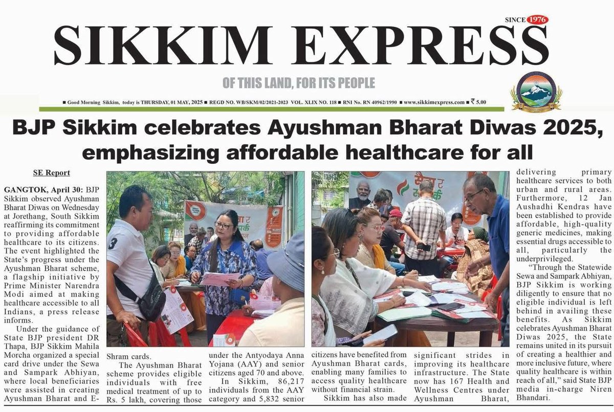 BJP Sikkim observed Ayushman Bharat Diwason Wednesday at Jorethang, South Sikkim reaffirming its commitment to providing affordable healthcare to its citizens.

sikkimexpress.com/news-details/b…
