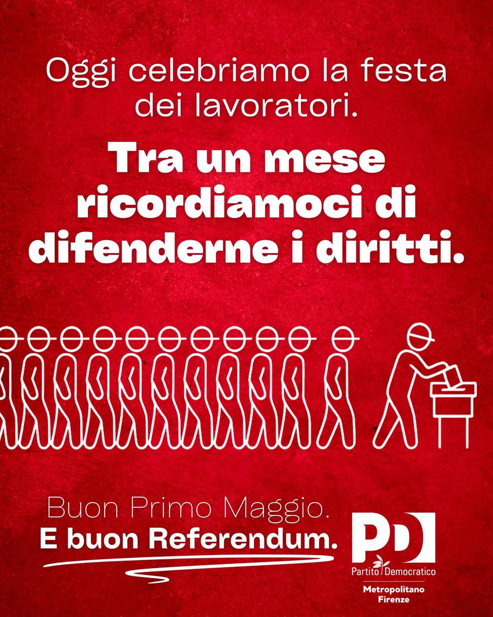 Il lavoro non è solo una voce in bilancio: è dignità, sicurezza, autonomia. È la base su cui si costruisce una società giusta.

Il Primo Maggio celebriamo chi lavora e chi ogni giorno difende i diritti di tutte e tutti. Perché il lavoro va protetto.

#PrimoMaggio #Referendum2025