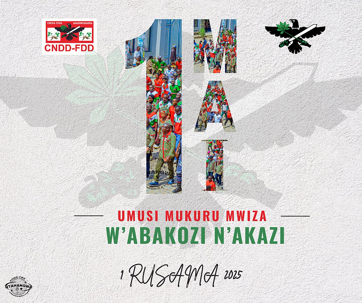 🔴 En ce 1er mai, le <a href="/CnddFddNtahan/">CNDD-FDD - NTAHANGWA</a> rend hommage aux travailleurs, véritables piliers du dvlpmnt Vision 2040-2060.
« Le travail est la clé de la réussite », « le travail éloigne de nous 3 grands maux : l’ennui, le vice et le besoin ».
Continuons ensemble à bâtir un 🇧🇮 prospère !