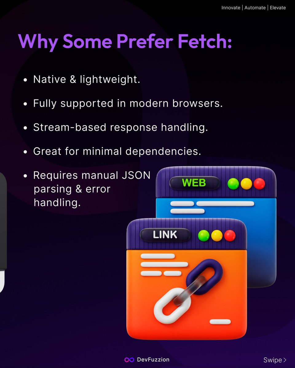 devfuzzion's tweet image. Axios vs Fetch in 2025
Need control or simplicity in your HTTP calls?
Axios offers features out of the box.
Fetch keeps it native and lightweight.
Choose what fits your stack.
#Axios #Fetch #WebDev #WebDevelopment #Software #WebDesign #airevolution #appdev