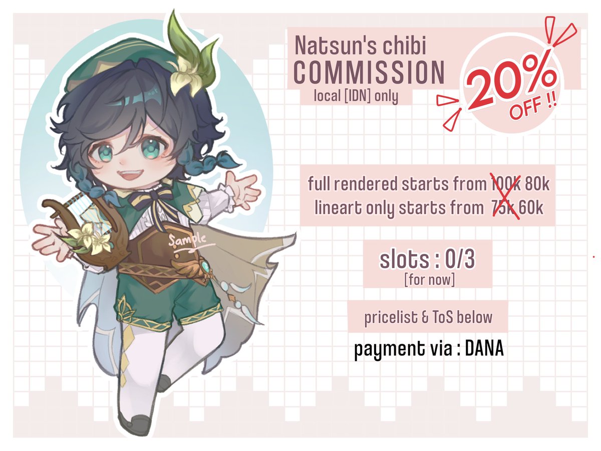 [ RTs are really Appreciated 🥹🎀 ]

--COMMISSION OPEN--
I’m opening a few chibi commission slots and it will be discounted by 20%!

if you're interested, please kindly DM me here / discord (nnatsun) <3

#commissionsopen #Commission #Chibi #artidn #zonajajan #zonauang