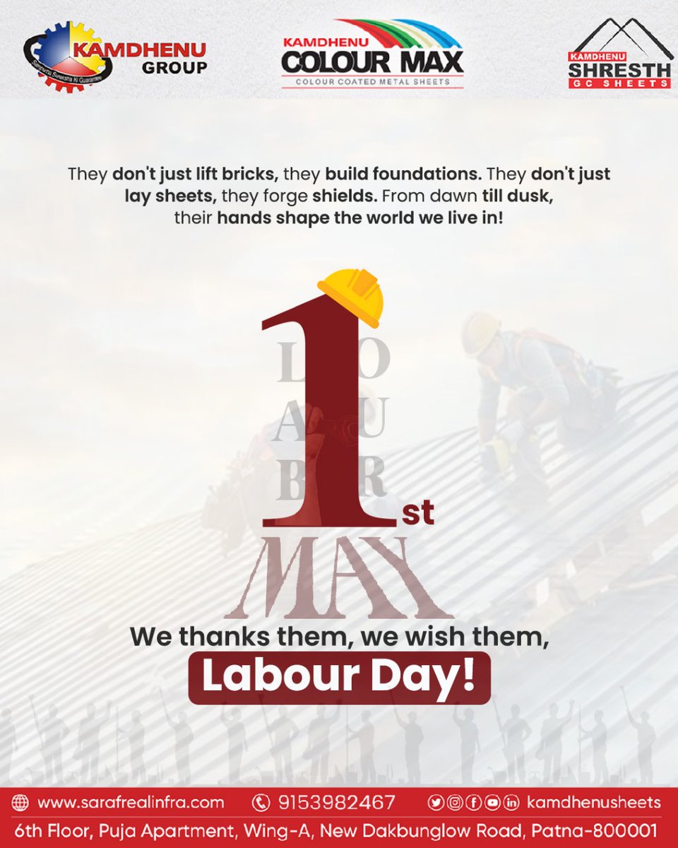 KamdhenuSheets's tweet photo. The hands that build, the strength that shapes—the backbone of progress. 
This Labour Day, we honor the relentless spirit of our workers who turn effort into excellence, sweat into structure, and labor into legacies. ✨ 

#LabourDay2025 #RespectForWorkers #BuildingTheFuture https://t.co/sSEN88z1xE