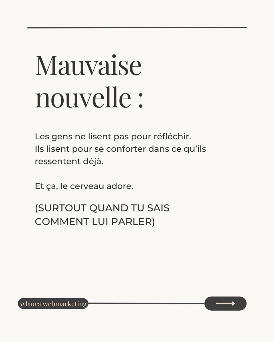 Laura_Dzs's tweet photo. On croit souvent que vendre, c’est “argumenter clairement”.
Pas toujours. 

Le cerveau choisit ce qui lui semble évident, même si ça ne l’est pas rationnellement.
Ce qui fait réagir ton audience, c’est la manière dont tu actives ses raccourcis mentaux.

#neuromarketing https://t.co/qILBFEUMJp