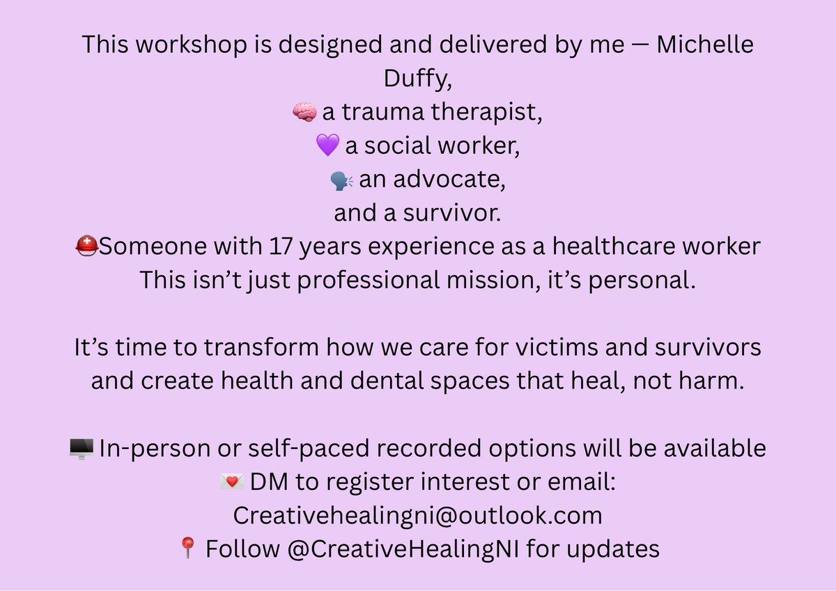 🚨 COMING SOON 🚨
New trauma-informed training designed for healthcare &amp; dental professionals.

If you're a nurse, GP, doctor, auxiliary, dentist or student, this is for
Be part of the change. 

#TraumaInformedCare #SAwareness #HealthcareTraining #CreativeHealingNI