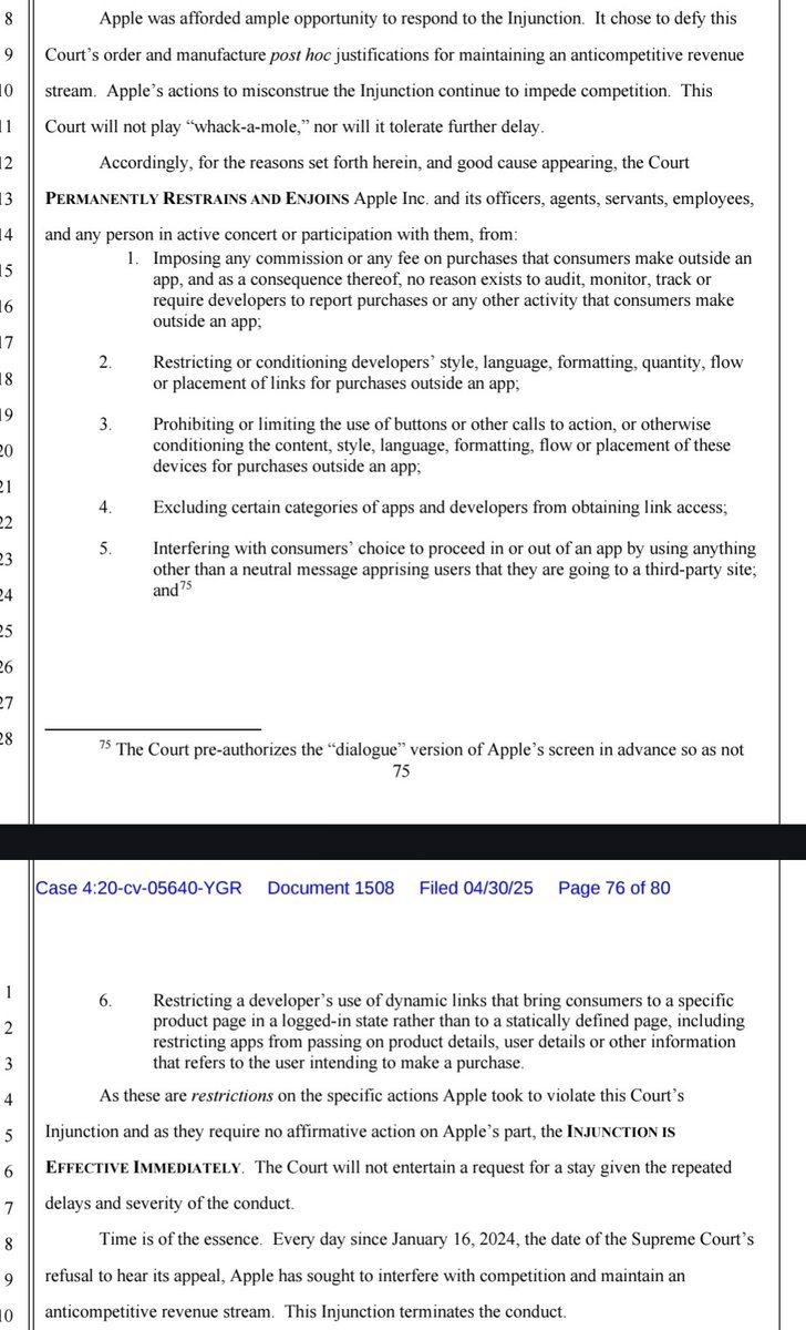 Apple was asked by the judge to give up almost nothing in the first round of this lawsuit. They refused. Now they have to give up everything. Epic win by <a href="/TimSweeneyEpic/">Tim Sweeney</a> and <a href="/MarkRein/">Mark Rein</a>. Justice prevails in the end. Incredible day for app developers everywhere 🪩