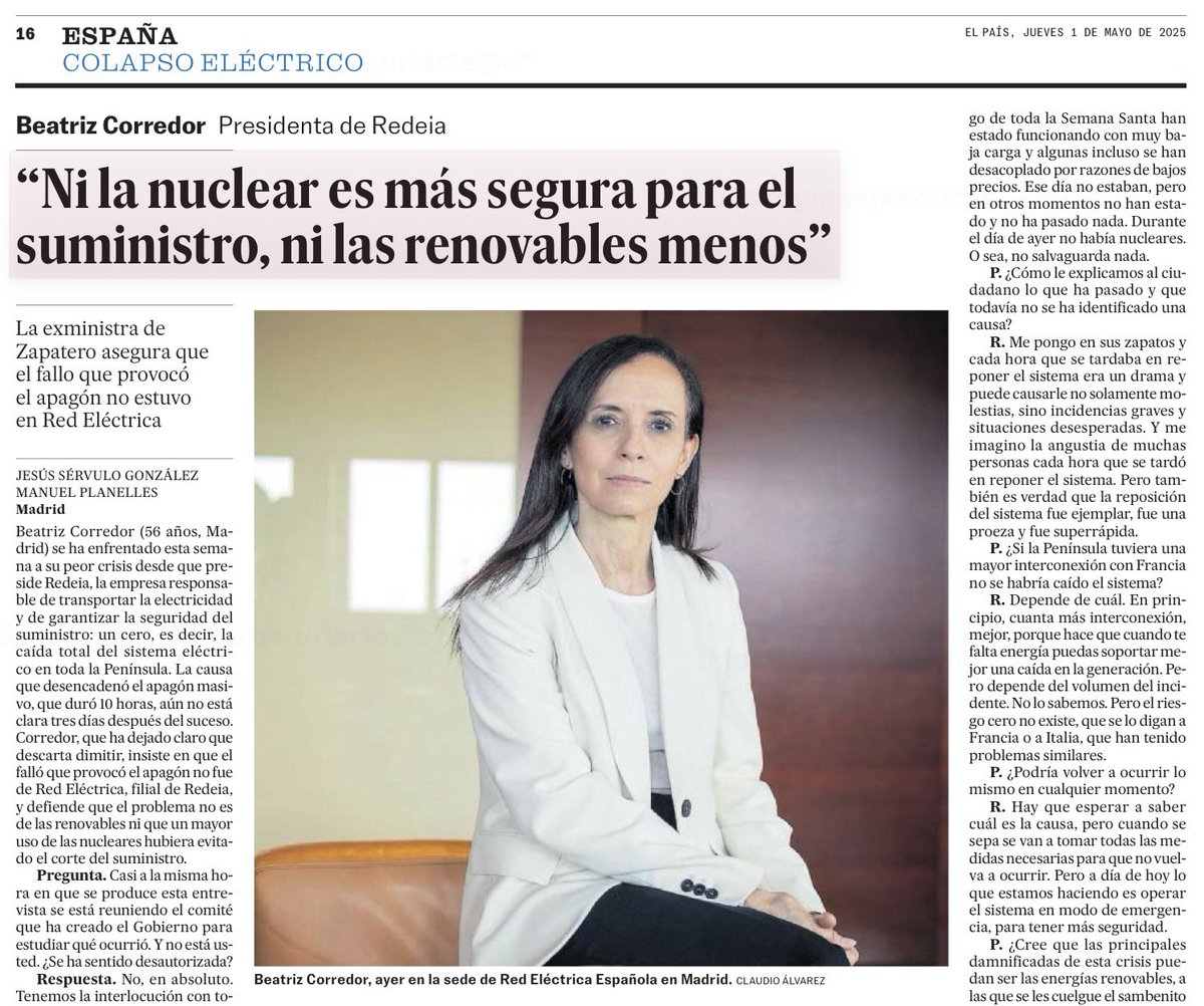 EdurneUriarte's tweet photo. Desinformación socialista:

Tres días después, la socialista Beatriz Corredor repite el argumentario de Sánchez: que no tiene ni idea de lo que pasó, que ella no es la responsable, que Red Eléctrica es privada y que las nucleares son malas https://t.co/a1bZh1abw8