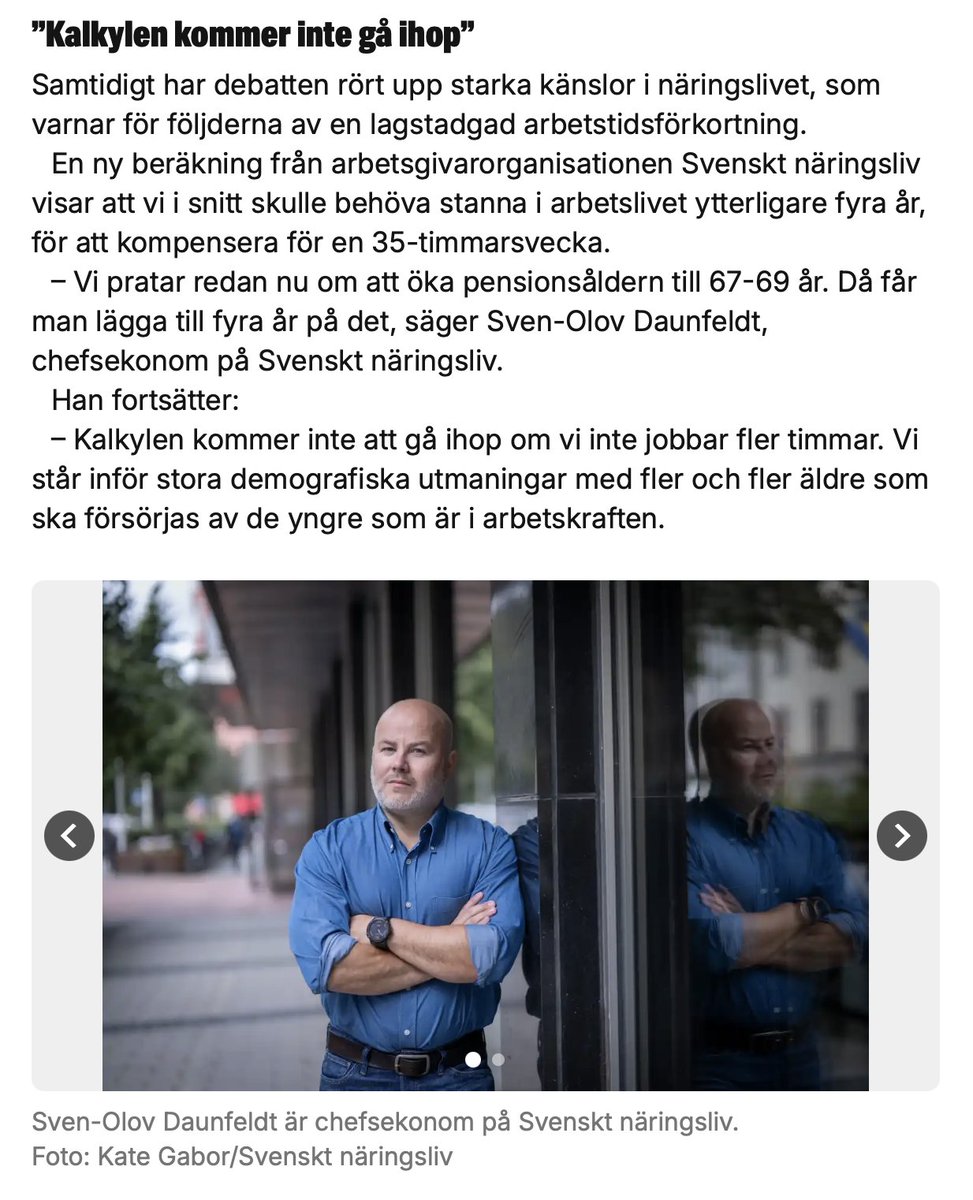 Sven-Olov Daunfeldt (@sodaunfeldt) on Twitter photo Lagstiftad arbetstidsförkortning med bibehållen lön innebär att vi kommer att behöva arbeta 4 år längre innan vi kan gå i pension. <a href="/socialdemokrat/">Socialdemokraterna</a> och <a href="/strandhall/">Annika Strandhäll</a> behöver visa upp lite realism den 1 maj. Det finns inga gratis luncher. Lagstiftad arbetstidsförkortning med bibehållen lön innebär att vi kommer att behöva arbeta 4 år längre innan vi kan gå i pension. <a href="/socialdemokrat/">Socialdemokraterna</a> och <a href="/strandhall/">Annika Strandhäll</a> behöver visa upp lite realism den 1 maj. Det finns inga gratis luncher.