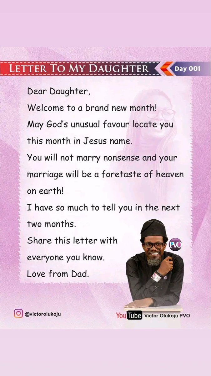Olapadevicky's tweet photo. Day 01 of 61 Days

LETTER TO MY DAUGHTER.

A message from God to Daughters of God and those who love them.

Please, share this letter to all your contacts.

#victorolukoju #pvo #spa #lettertomydaughter #sexualpurityassociation #sexualpurityambassador #sexualpirityacademy https://t.co/kHDFfUDqeP