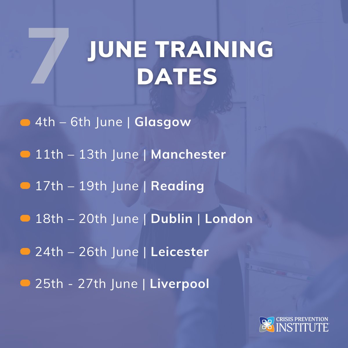 Ready to Strengthen Your De-escalation Skills?

📅 CPI's Safety Intervention™ June Training Dates:
4th-6th | Glasgow
11th-13th | Manchester
17th-19th | Reading
18th-20th | Dublin | London
24th-26th | Leicester
25th-27th | Liverpool

Secure your spot ➡️ crisisprevention.com/en-GB/find-tra…