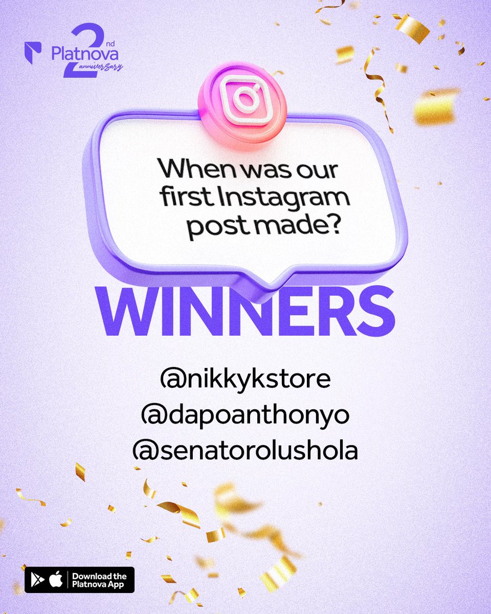getplatnova's tweet photo. We have our Winners!🏆
Big congratulations to @nikkykstore @dapoanthonyo @senatorolushola
To claim your prize:
✅ Send us a DM with your NovaTag and email address.
Thank you for celebrating #PlatnovaAt2 with us.
This is just the beginning — more rewards, still loading!💜
Keep your post notifications on.
#platnovans #platnova #platnovaat2 #trivia #triviawinners #AnniversaryCelebration