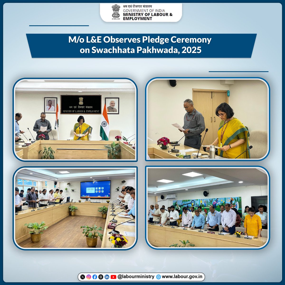 LabourMinistry's tweet photo. A Step Towards a Cleaner Tomorrow!🍀 

Secretary, M/o L&amp;E, led the Swachhata Pakhwada pledge today at Shram Shakti Bhawan, joined by senior officials and staff—reaffirming the Ministry’s resolve for a clean and responsible workplace.

#MoLE #LabourMinistryIndia #SwachhataPakhwada https://t.co/cjWmd2hBvh