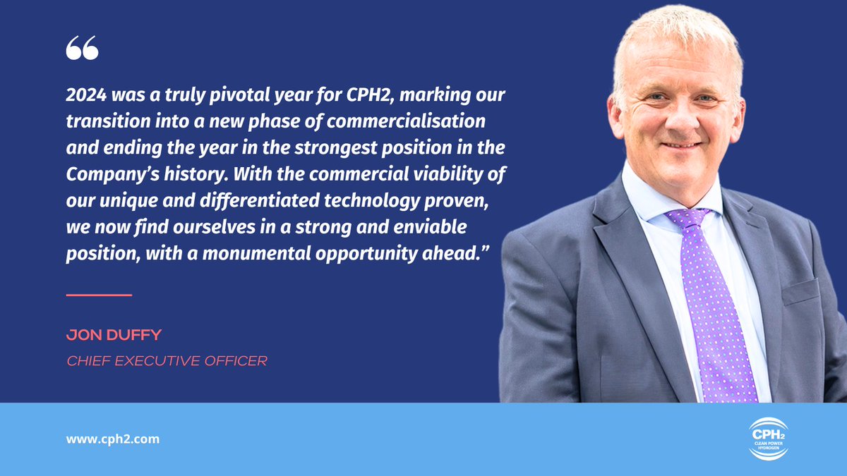 CPH2 is pleased to announce its 2024 Full Year Results – marking a year of strong progress towards the commercial roll out of the Company’s MFE technology #cph2 #hydrogeneconomy #hydrogenproduction #greenhydrogen Read more at cph2.com/news/cph2-anno…
