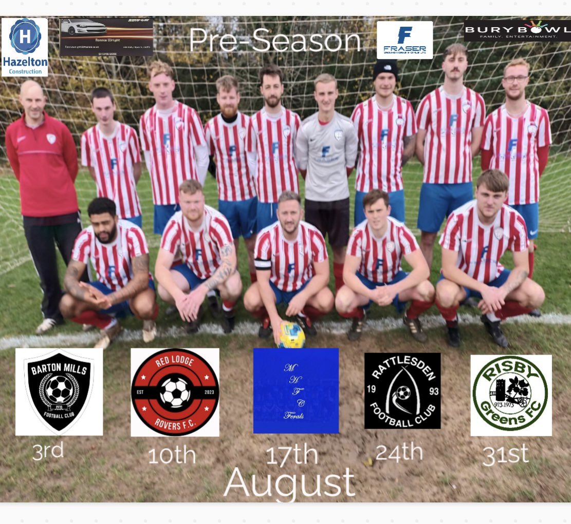 <a href="/BuryBowlFC/">BuryBowlFC</a> August summer friendlies
3rd <a href="/BartonMillsFC/">Barton Mills F.C.</a> 
10th <a href="/RedLodgeRovers/">Red Lodge Rovers</a> 
17th <a href="/MHFCFerals/">Moreton Hall Ferals</a> 
24th <a href="/RattlesdenClub/">Rattlesden Football Club</a> 
31st <a href="/RisbyGreensFC/">Risby Greens FC</a> 
All away as our posts don’t go up till September!
#UpTheBowl #HalaBowl 🔴⚪️🔵