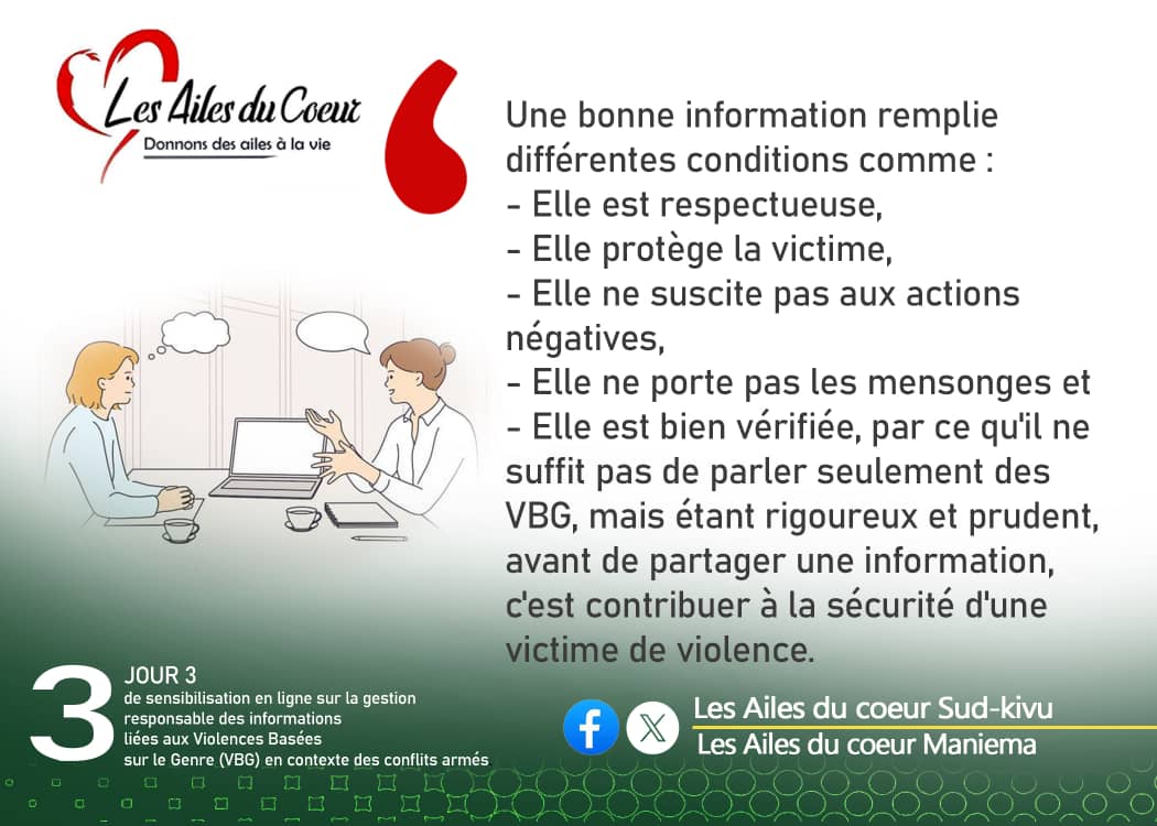 AmadaGrce3's tweet photo. 🔵 *JOUR 3 | Campagne de sensibilisation sur la gestion responsable des informations liées aux VBG en contexte de conflits armés*
🧠 Partager une information,
#StopVBG #InfosResponsables #ConflitsArmés #LesAilesDuCœur #DroitsHumains #ProtectionDesVictimes https://t.co/x3EqxgKgqU