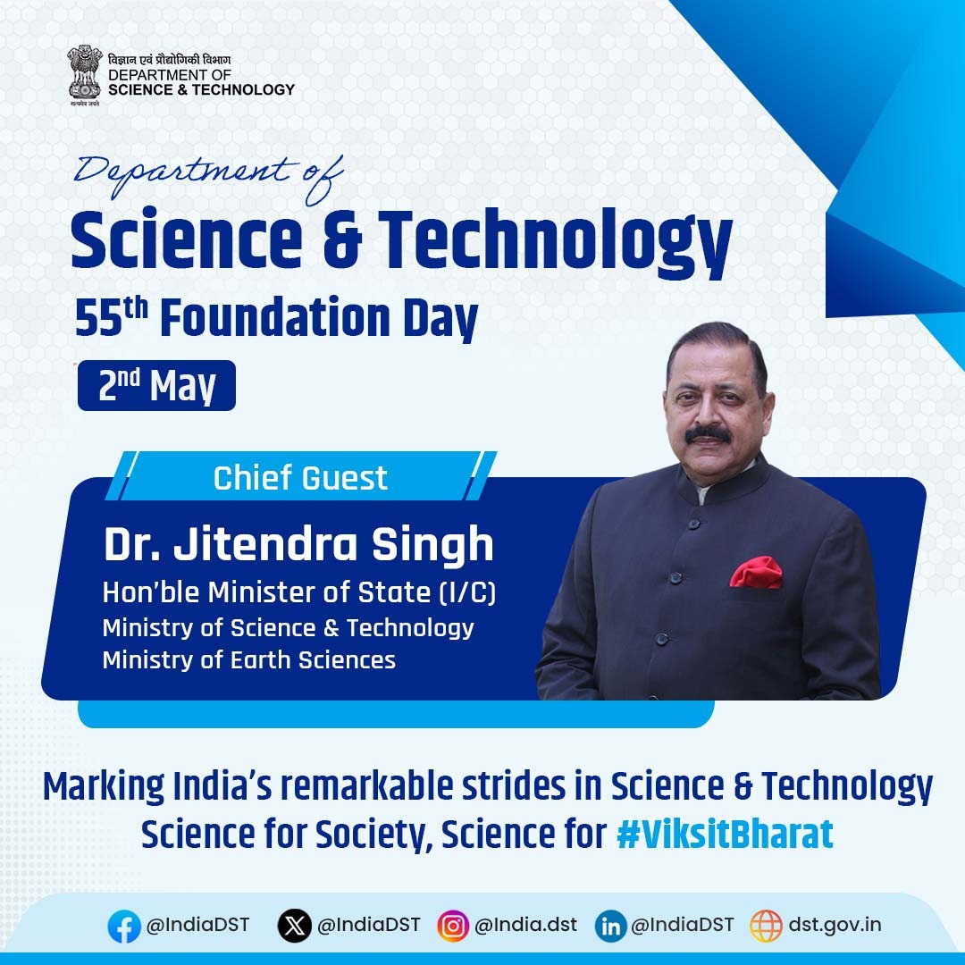 DSTIndia (@indiadst) on Twitter photo Celebrating 55 years of <a href="/IndiaDST/">DSTIndia</a> — propelling India’s innovation & research under the leadership of Hon’ble Union Minister <a href="/DrJitendraSingh/">Dr Jitendra Singh</a>, towards #ViksitBharat2047.
#DST55Years #DSTFoundationDay
<a href="/PMOIndia/">PMO India</a> <a href="/karandi65/">Abhay Karandikar</a> <a href="/Dhana_Arumugam1/">A.Dhanalakshmi</a> <a href="/PrinSciAdvGoI/">Principal Scientific Adviser, Govt. of India</a> <a href="/PIB_India/">PIB India</a> Celebrating 55 years of <a href="/IndiaDST/">DSTIndia</a> — propelling India’s innovation & research under the leadership of Hon’ble Union Minister <a href="/DrJitendraSingh/">Dr Jitendra Singh</a>, towards #ViksitBharat2047.
#DST55Years #DSTFoundationDay
<a href="/PMOIndia/">PMO India</a> <a href="/karandi65/">Abhay Karandikar</a> <a href="/Dhana_Arumugam1/">A.Dhanalakshmi</a> <a href="/PrinSciAdvGoI/">Principal Scientific Adviser, Govt. of India</a> <a href="/PIB_India/">PIB India</a>