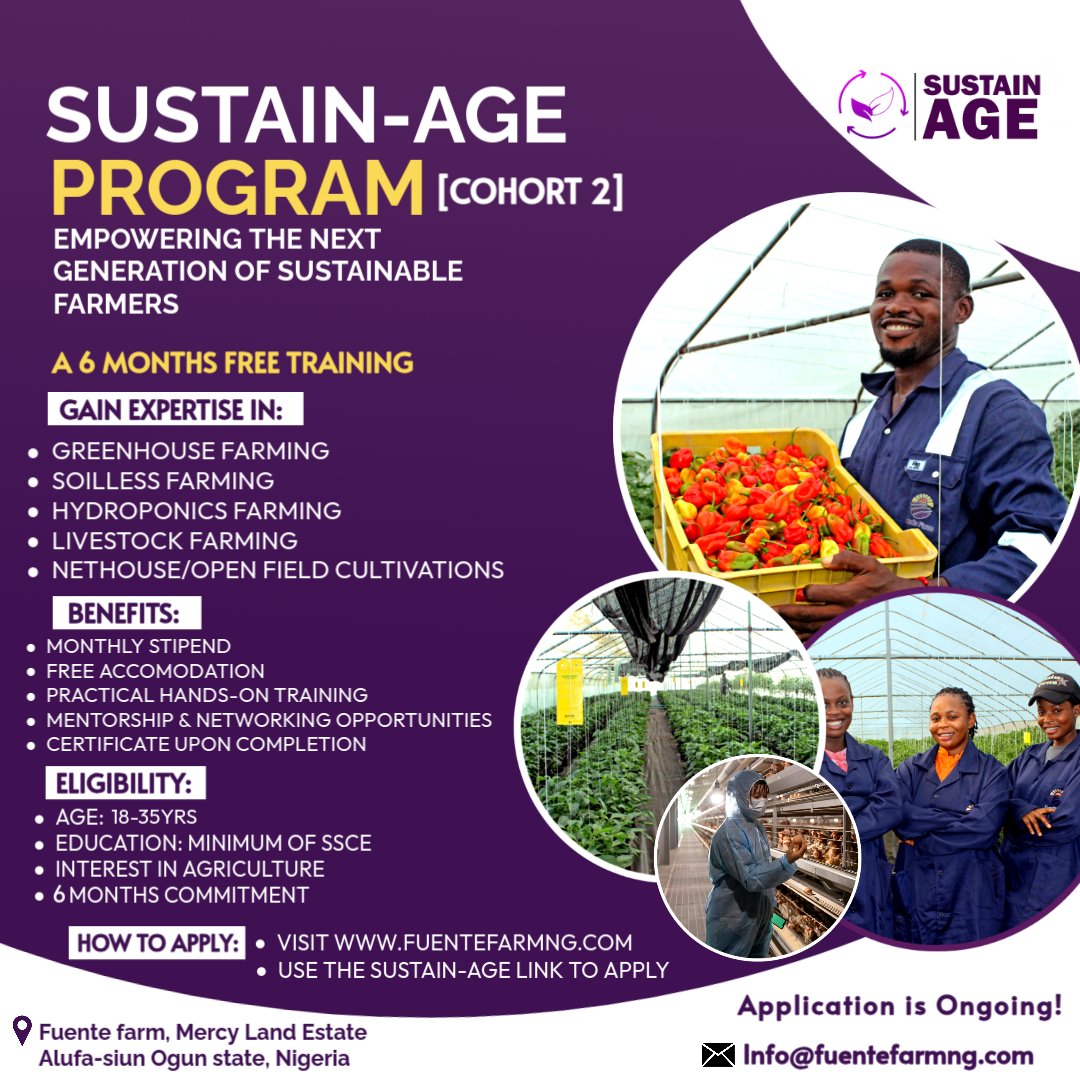 Fuentefarm's tweet photo. SUSTAIN-AGE Programme (2025 Cohort 2) Admission

The SUSTAIN-AGE Programme is accessible to all qualified individuals, irrespective of their background or educational level. Our selection process ensures that everyone has a fair shot.

How to Apply: https://t.co/9rdkaZSM4S https://t.co/YrmKw0QFWg