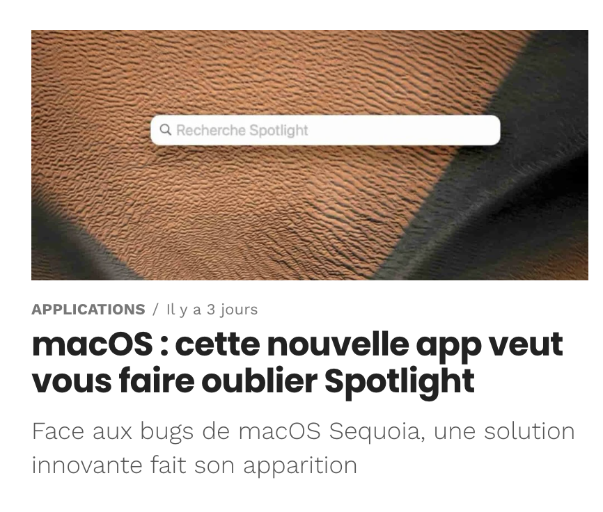 usefenn's tweet photo. Really happy to be featured on @iPhonfr 

The app that will make you forget the poor Spotlight's file search performance on MacOS. https://t.co/nJ9MfeZaub