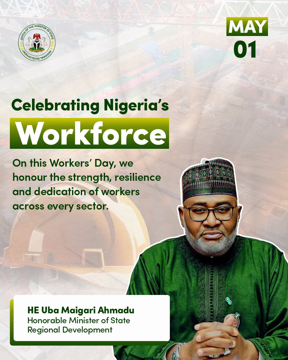 UbaMaigari1's tweet photo. Today, we celebrate the heartbeat of our nation, the Nigerian worker.

Your hard work drives development, builds stronger communities, and moves our nation forward.

Thank you for being the foundation of growth and progress. https://t.co/gOauCq7ddM