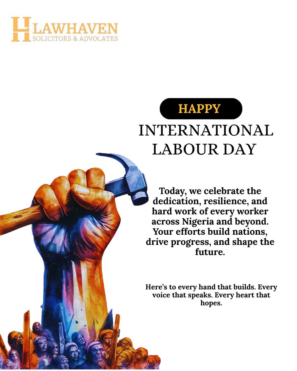 LawHavenSolicit's tweet photo. Happy Labour Day from Lawhaven!

Here’s to every hand that builds. Every voice that speaks. Every heart that hopes.

#LabourDay #WorkersRights #BestLawFirmInAbuja #Lawhaven #JusticeForWorkers #LegalExcellence #LaborDay2025 #HumanRights #LegalSupport #AbujaLawyers https://t.co/QwAEIpgjKj