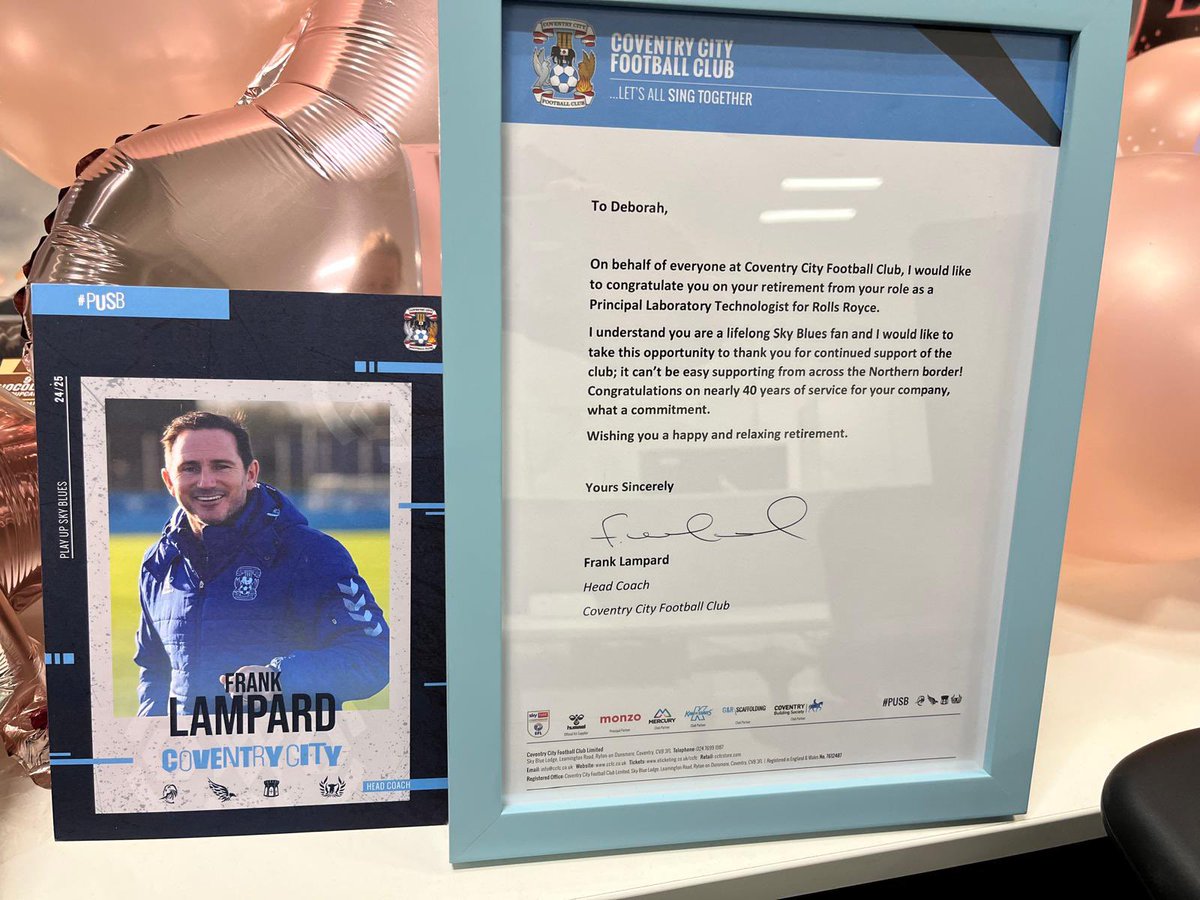 Sky Blue Army Scotland (@sbascotland_) on Twitter photo What a lovely touch this is. This got sent to one of our group members who’s retiring today and just all round a great person. But this from the club is amazing. Happy retirement Deb 🩵
What a club and what a connection with the fans <a href="/Coventry_City/">Coventry City</a>
#PUSB #SBA What a lovely touch this is. This got sent to one of our group members who’s retiring today and just all round a great person. But this from the club is amazing. Happy retirement Deb 🩵
What a club and what a connection with the fans <a href="/Coventry_City/">Coventry City</a>
#PUSB #SBA