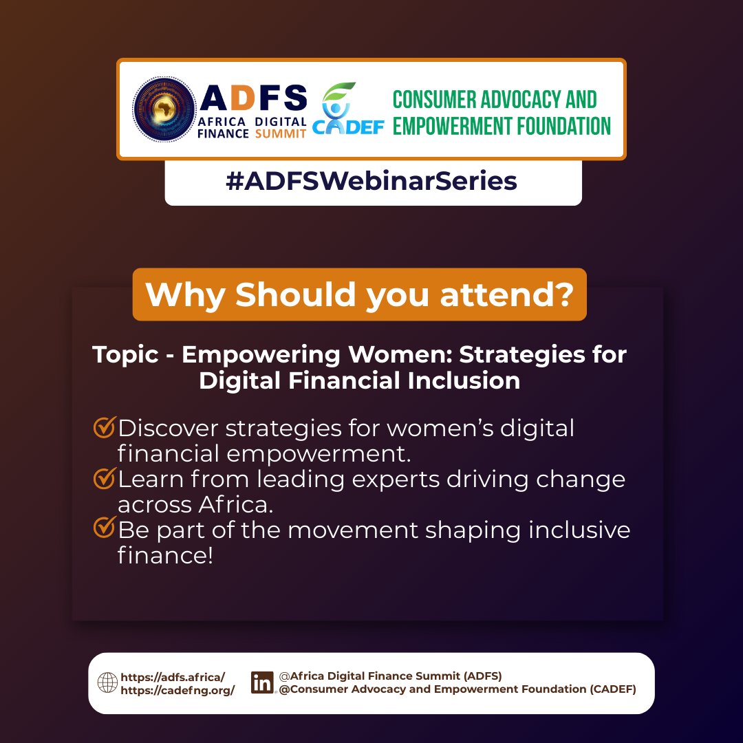 cadef_ng's tweet image. Why join this powerful conversation?
- Discover strategies for women’s digital financial empowerment
- Learn from experts driving real change across Africa
- Be part of the movement for inclusive finance!
Register: meet.zoho.com/cybj-jgo-ymk
#ADFS #EmpoweringWomen  #CADEF