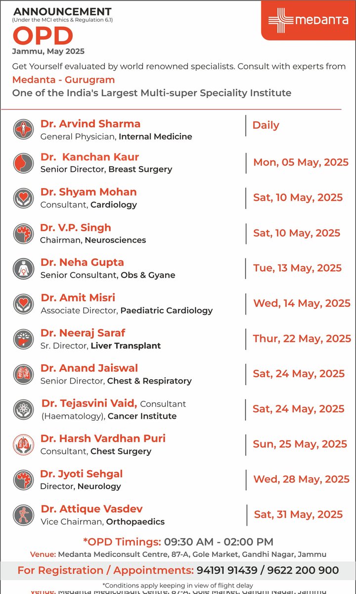 #may2025 
#medantajammuopd #roster 
#medantajammu 
#PreventionIsBetterThanCure 
#AwarenessMatters 

Medanta Hospital Gurugram's Jammu  Super Speciality OPD Schedule For The Month of MAY-2025...

For More Info Pl Call At +91 94 1919 1439