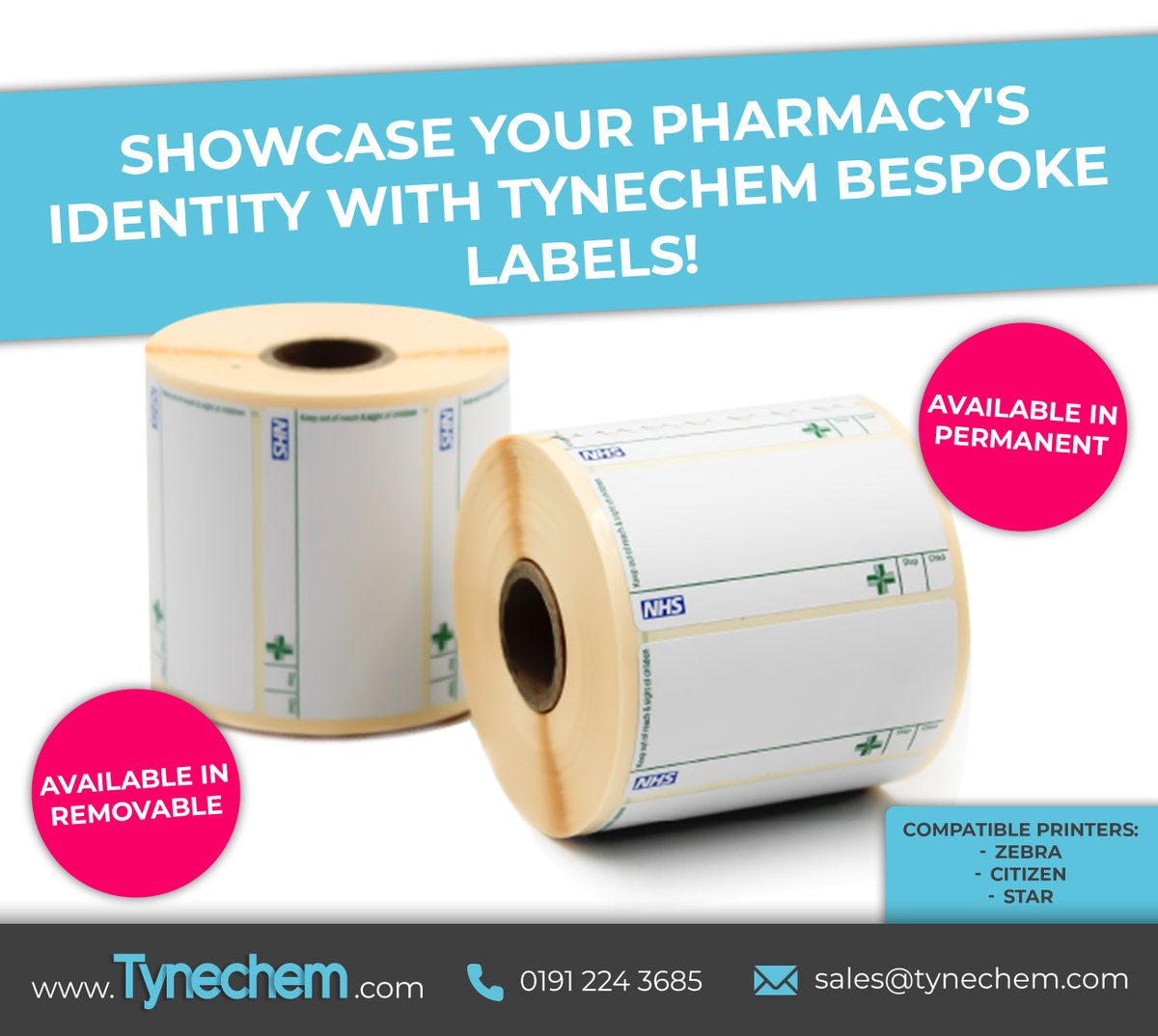 Why settle for generic labels when you can have dispensing labels designed specifically for your pharmacy?

At Tynechem, our bespoke dispensing labels are available in permanent or removable adhesives and are fully compatible with Zebra, Citizen, and Star printers.