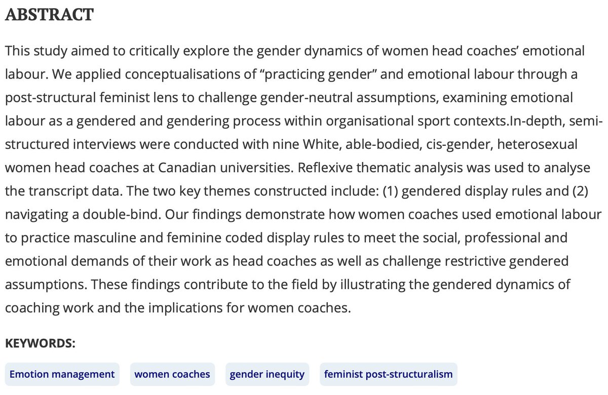 SportsCoachingReview (@sportscoachingr) on Twitter photo ‘Navigating gendered display rules: Women coaches practicing gender through emotional labour’
Jesse Porter & Kirsty Spence’s paper is available now <a href="/tandfsport/">Routledge Sport, Leisure, and Tourism</a>;
doi.org/10.1080/216406… ‘Navigating gendered display rules: Women coaches practicing gender through emotional labour’
Jesse Porter & Kirsty Spence’s paper is available now <a href="/tandfsport/">Routledge Sport, Leisure, and Tourism</a>;
doi.org/10.1080/216406…