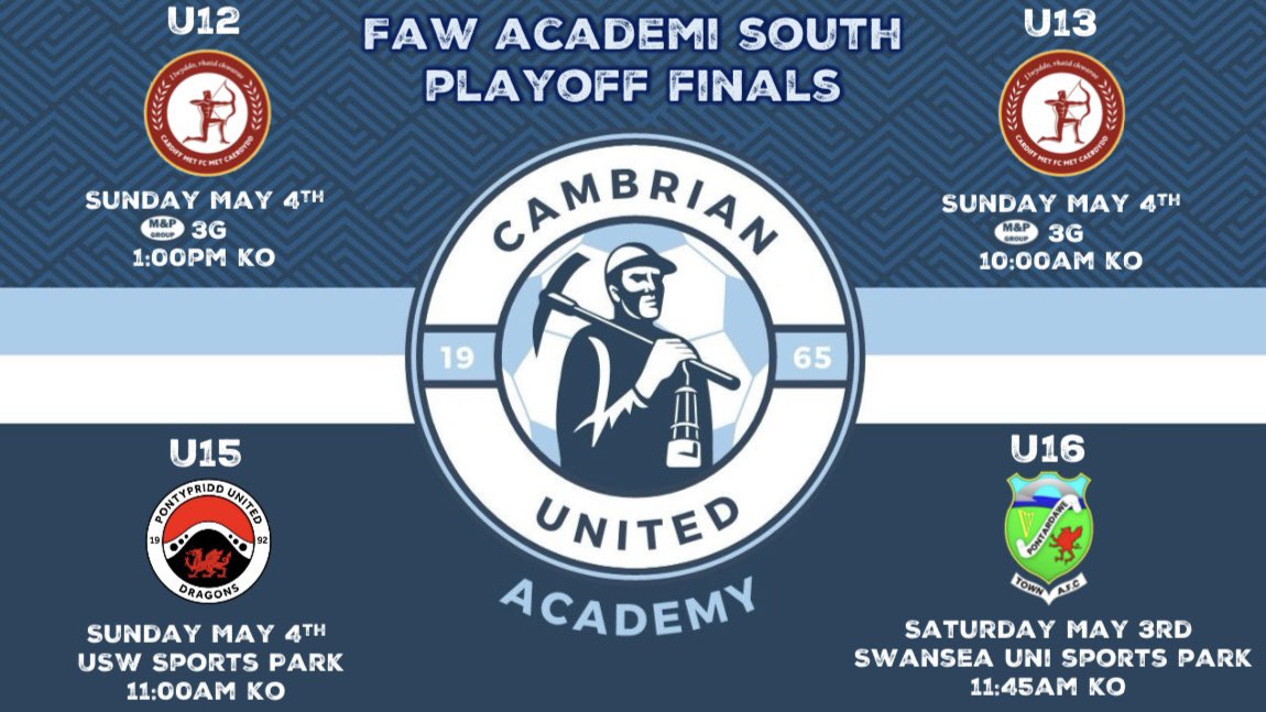 𝗙𝗔𝗪 𝗔𝗖𝗔𝗗𝗘𝗠𝗜 𝗦𝗢𝗨𝗧𝗛 𝗣𝗟𝗔𝗬𝗢𝗙𝗙

4 age groups involved with the hope of reaching the FAW Academi National Finals! 

Our U12 &amp; U13 will be playing home at the <a href="/MPGroupWales/">M&P Contractors Wales Ltd</a> 3G 

U15s travel to USW &amp; U16s travel to Swansea Uni  

#CamArmyUnited