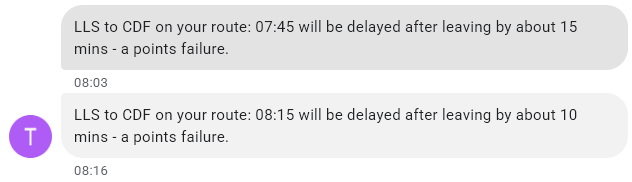 ukAdamR's tweet photo. @tfwrail To CDQ. A service 35 minutes later turned up.

I also had these text messages, one of which is 18 minutes after its intended departure. Not particularly useful. 🙃
There was no comms about earlier service issues though. https://t.co/RSZD1xGd2p