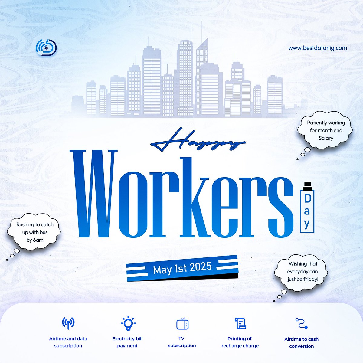 BestDataNG1's tweet image. Happy Workers' Day, Nigeria! 🇳🇬 Saluting your hard work! Remember, every data purchase with BestDataNig this May gives you a chance to WIN BIG in our monthly prize draw! Stay connected &amp;amp; good luck!
#WorkersDay #BestDataNig #MonthlyDraw #WinBig #DataInNigeria
