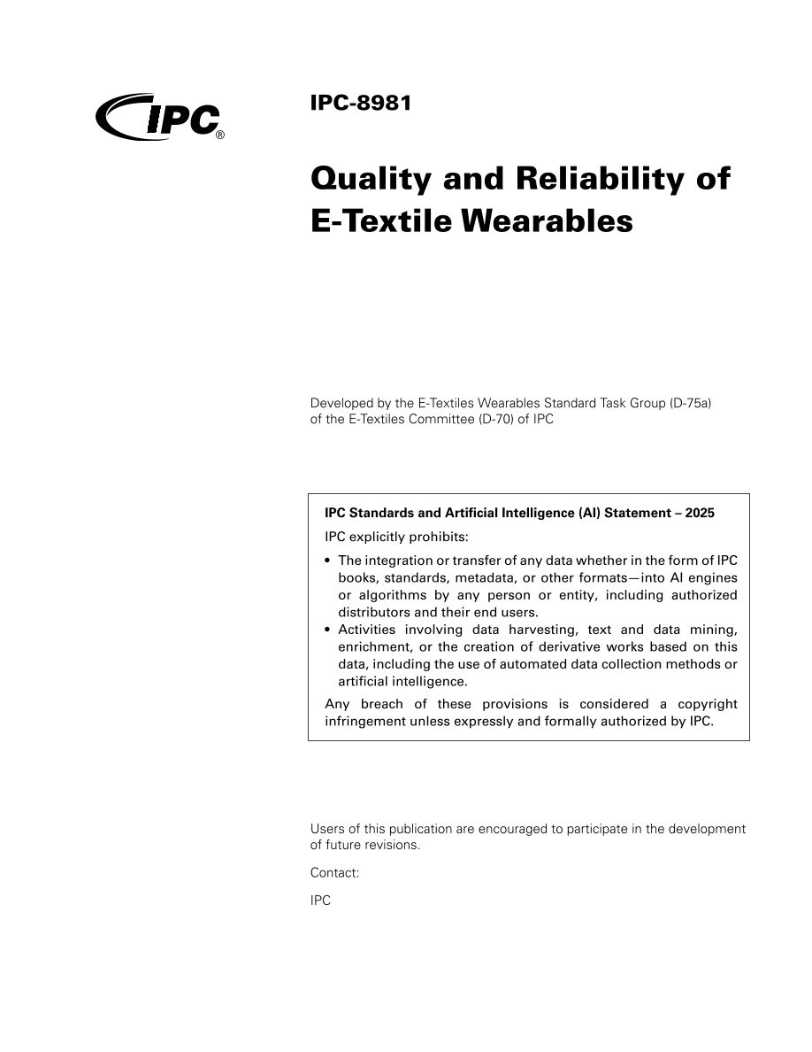 JissoNews's tweet image. 4月28日、米国 #IPC は、IPC規格 IPC-8981 “Quality and Reliability of E-Textile Wearables” (E-テクスタイル・ウエアラブル製品の品質と信頼性) を刊行したと発表した。この種の規格は世界初となる。発表は bit.ly/4iKLTtV に、購入は bit.ly/3Sbk0A6 から。
 #Etextile…