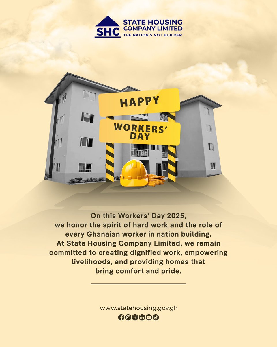 statehousing_gh's tweet photo. Today, we salute the strength, resilience, and dedication of every worker—especially the hardworking men and women who continue to shape our communities, one home at a time.
Happy Workers' Day!
#SHCL
#Statehousingcompanyltd
#Buildingforgenerations
#WorkersDay2025 https://t.co/3eabYdYbbB